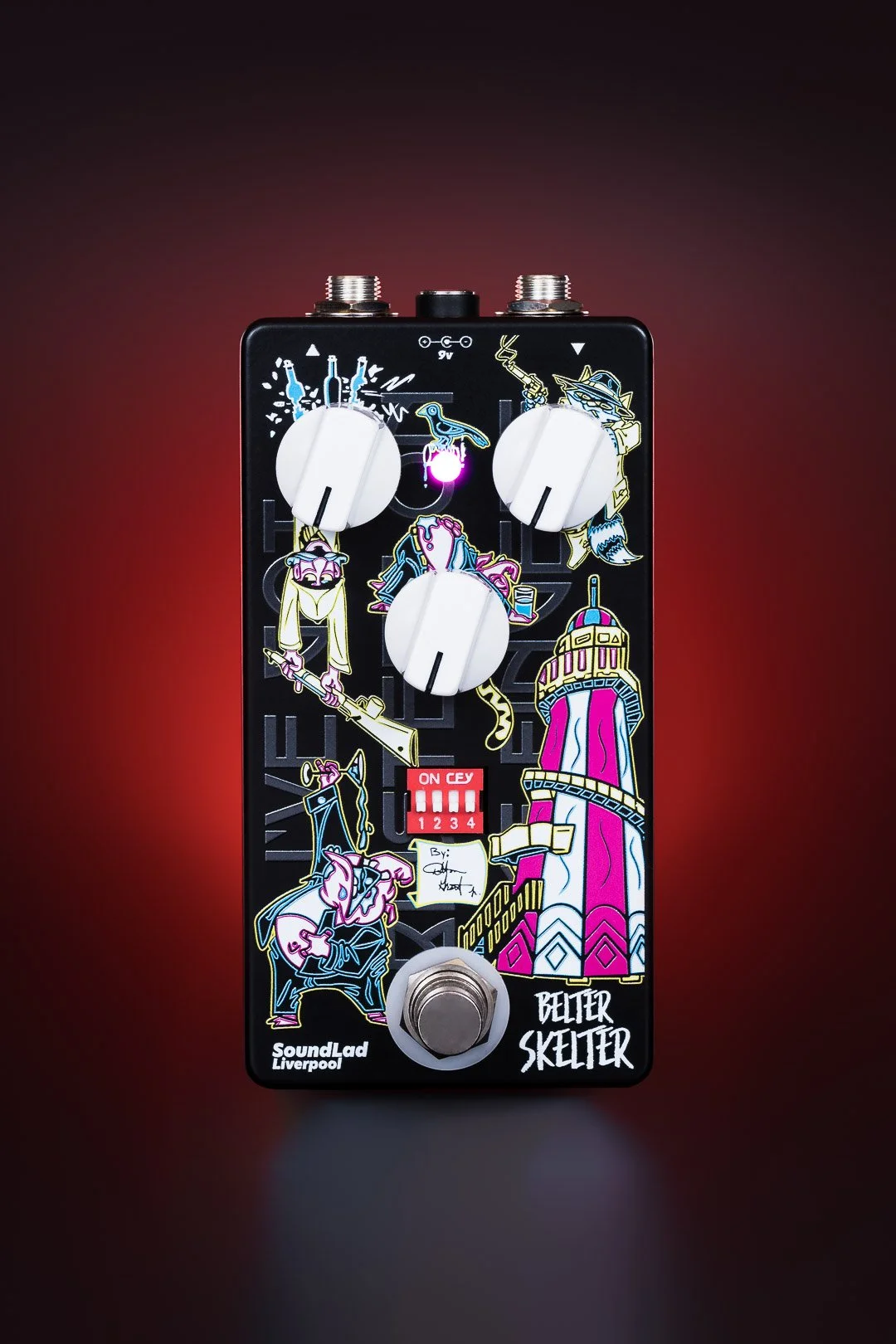 Music pedal with colorful artwork featuring cartoon characters and buildings of Liverpool, including the Royal Liver Building. Text on pedal includes "SoundLad Liverpool" and product name "Better Skeleton."