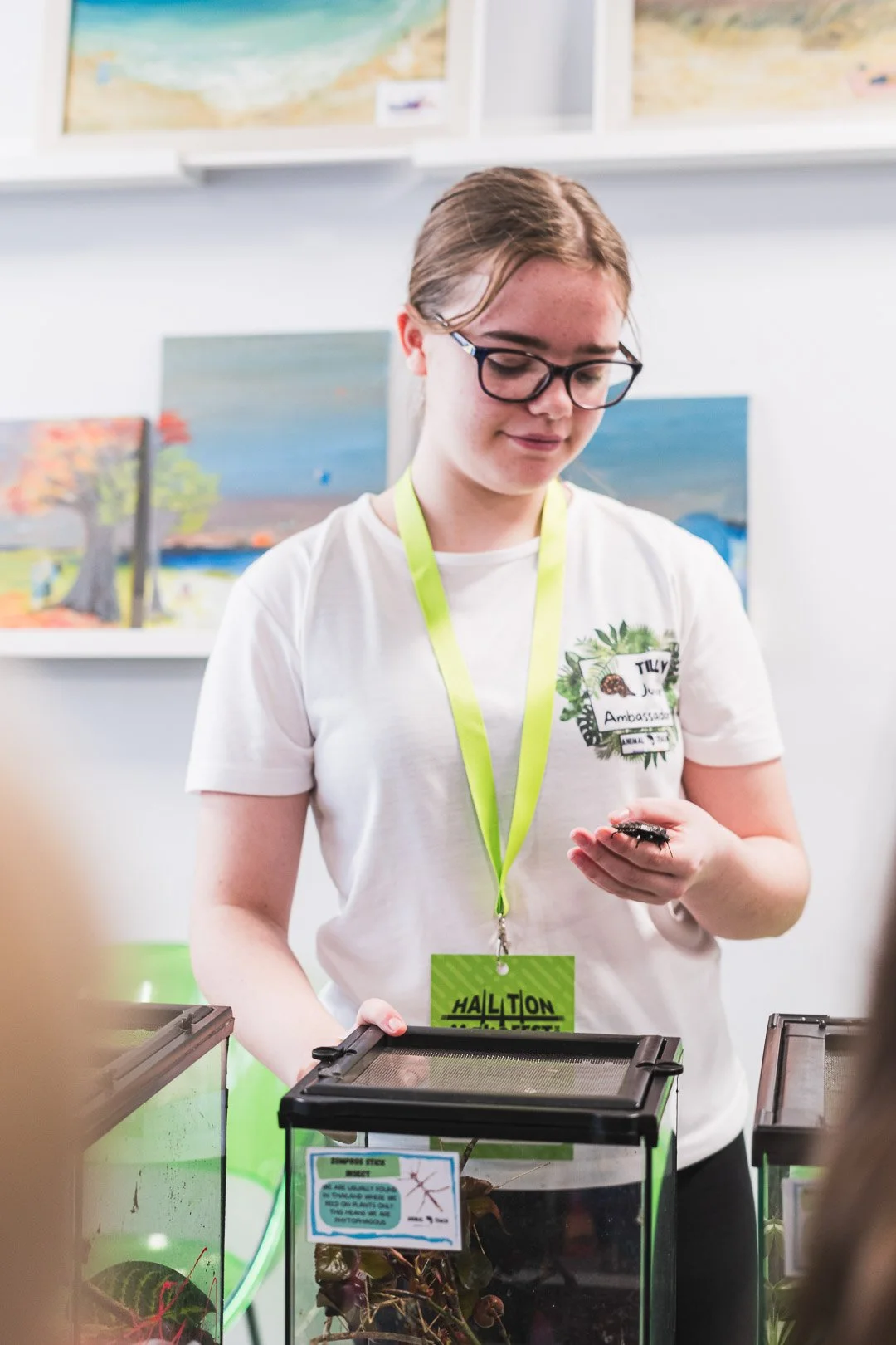 A young woman wearing glasses and a white t-shirt with a name tag that says "Tilly" and a green lanyard, standing behind a display case with a cockroach on her hand. There are colorful paintings in the background.