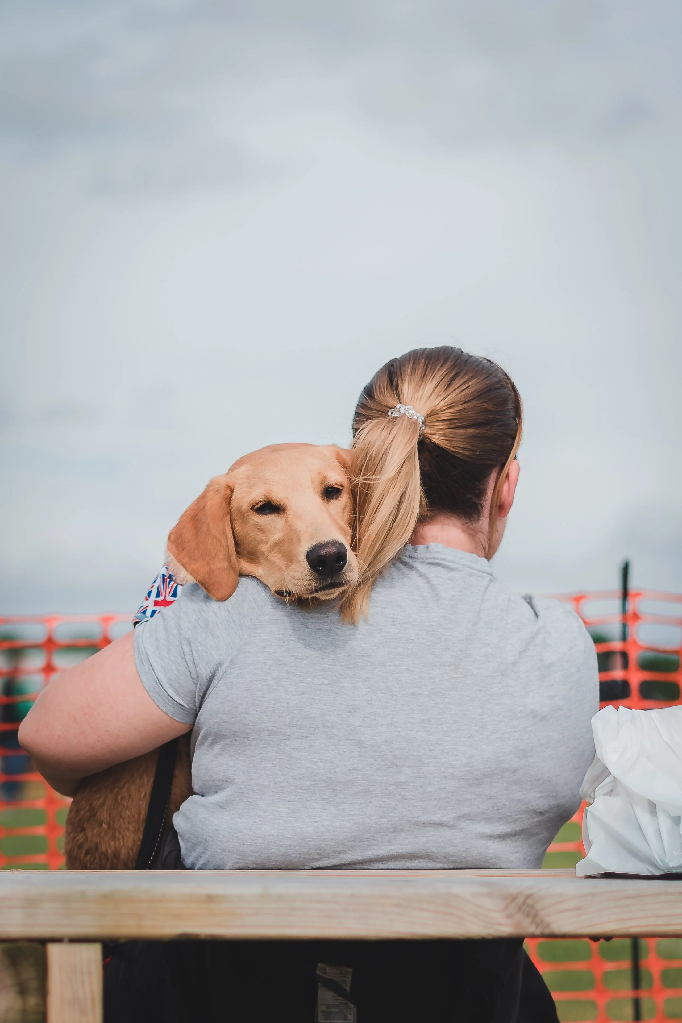 A woman with a ponytail and light gray shirt holding a tan dog with a British flag collar, dog resting on her shoulder, outdoors with a cloudy sky and orange fencing in the background.