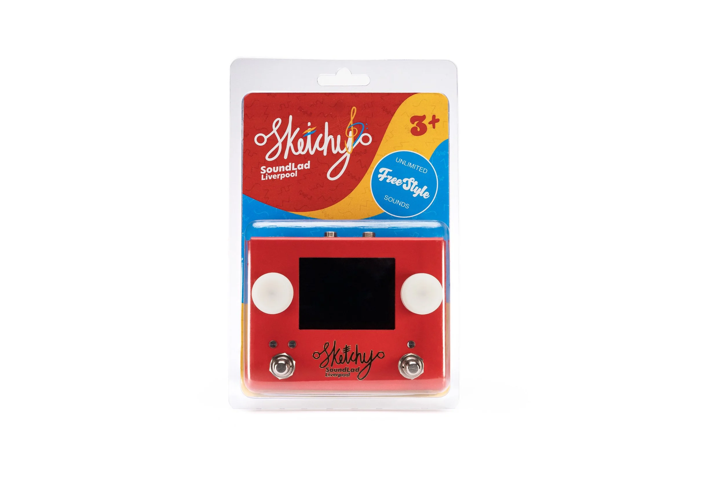 A red Blicky Sound Lad Liverpool digital guitar pedal with black screen, white knobs, and footswitches in packaging with colorful label indicating it is for ages 3 and up, and produces unlimited freestyle sounds.