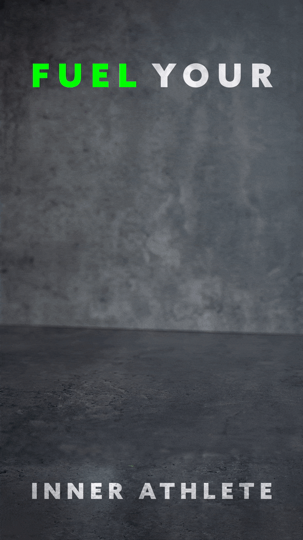 The image shows the phrase FUEL in bright green and gray letters and the phrase YOUR in gray letters at the top, with the words BACKER and INNER ATHLETE on a textured dark gray concrete background.
