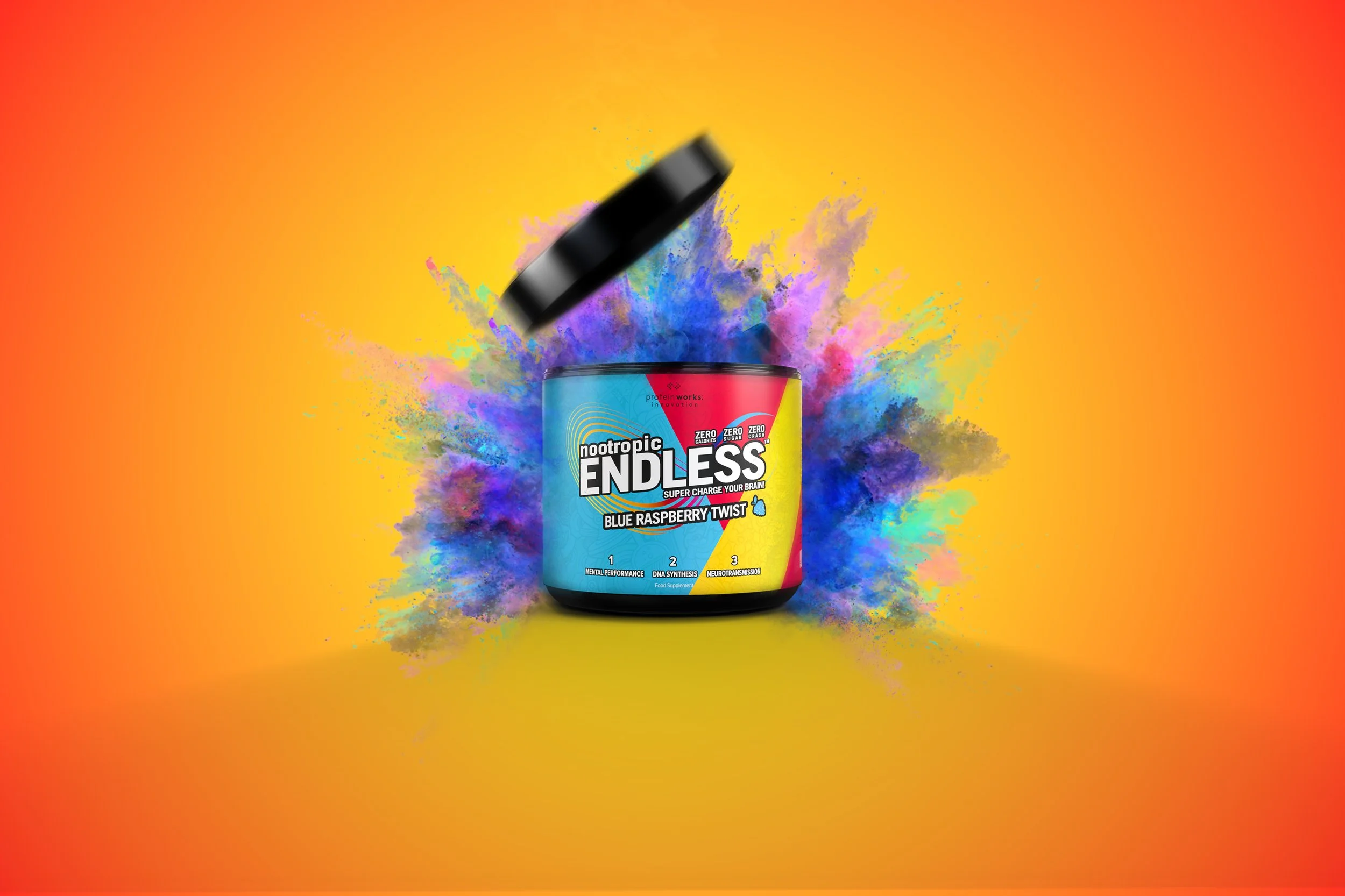 A vibrant, colorful explosion of powder surrounding a container of NOOTROPIC ENDLESS supercharge supplement with blue raspberry twist flavor, against a yellow-orange gradient background.