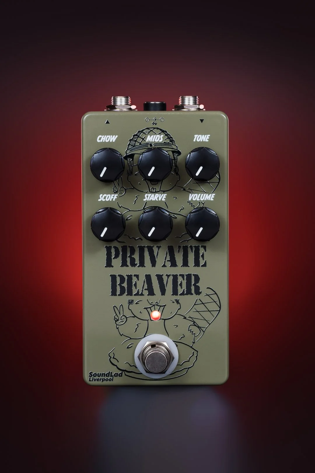 Guitar effects pedal called 'Private Beaver' with a cartoon beaver illustration, six black control knobs, and text labels, against a red background.