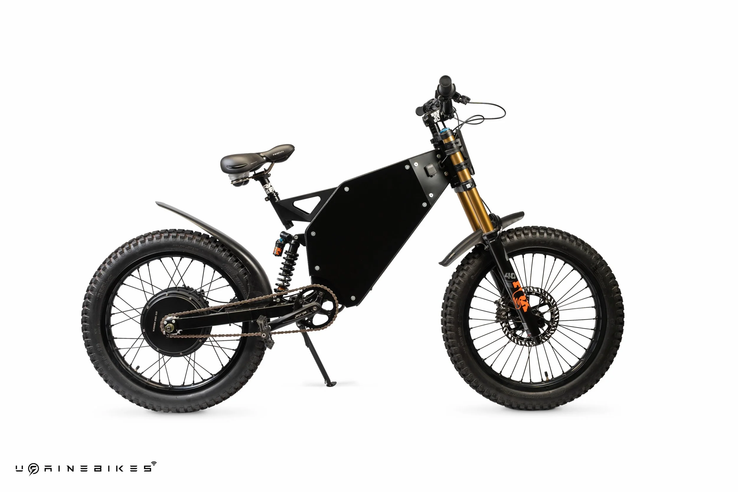 Black electric fat-tire mountain bike with gold suspension fork and a large black battery pack in the frame, against a white background.