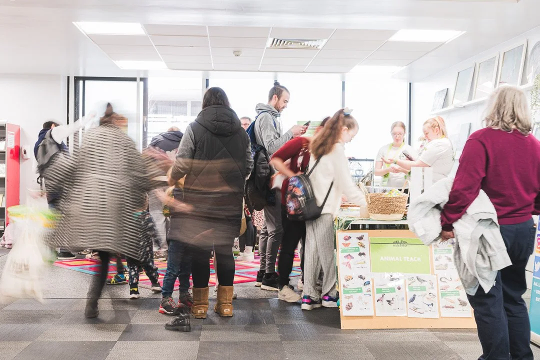 People waiting in line at a table with educational materials about animals, in a well-lit room with large windows and framed pictures on the wall.