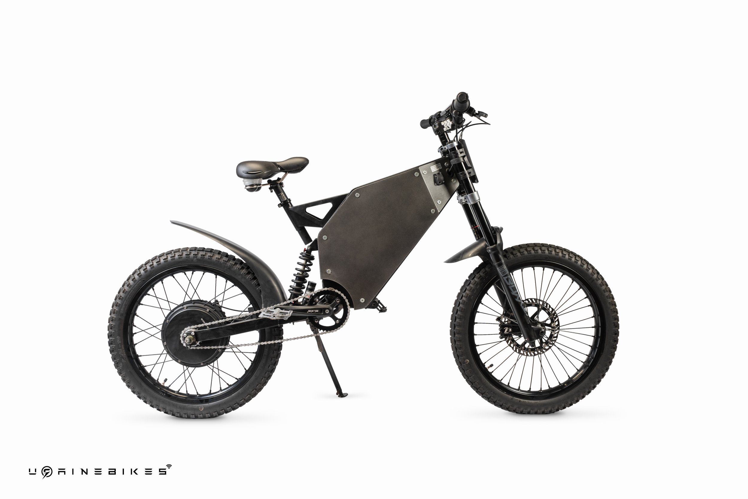 An electric mountain bike with a black frame, large tires, and a battery mounted on the frame, set against a white background.