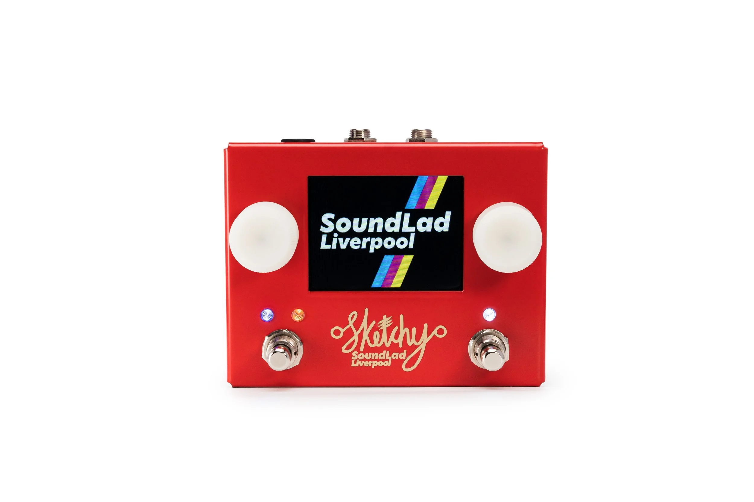 A red guitar effects pedal with two white knobs, a small screen displaying "Sound Lad Liverpool," and two silver footswitches, set against a white background.