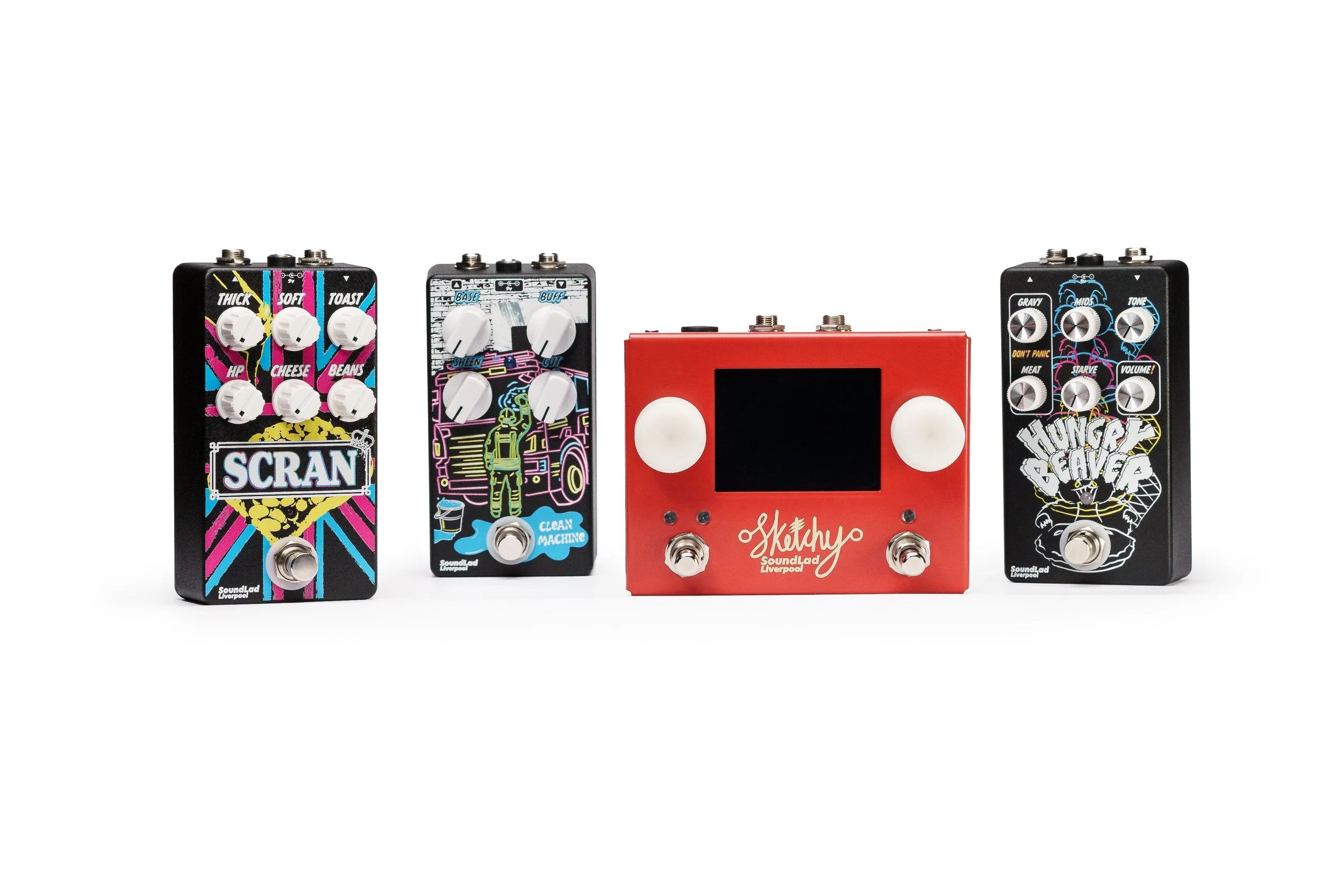 Four guitar effects pedals with colorful, graphic designs on a white background.