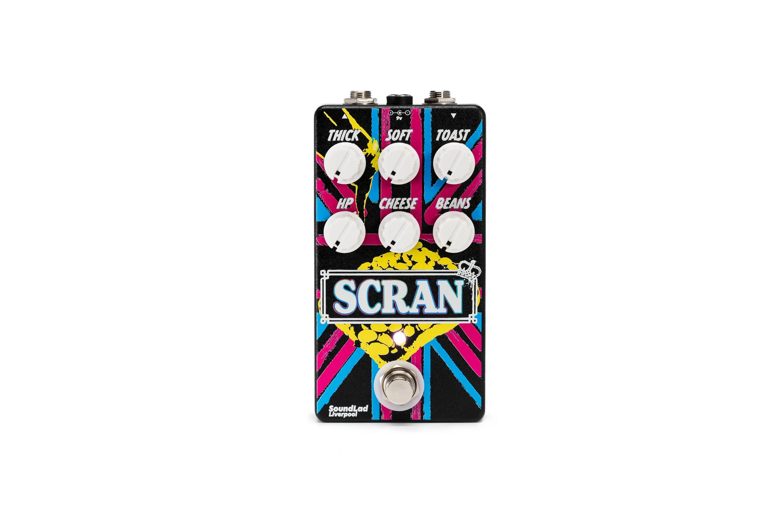 Colorful guitar effects pedal with the brand name SCRAN, featuring six white knobs labeled Thick, Soft, Toast, HP, Cheese, Beans, and a footswitch at the bottom, on a plain white background.