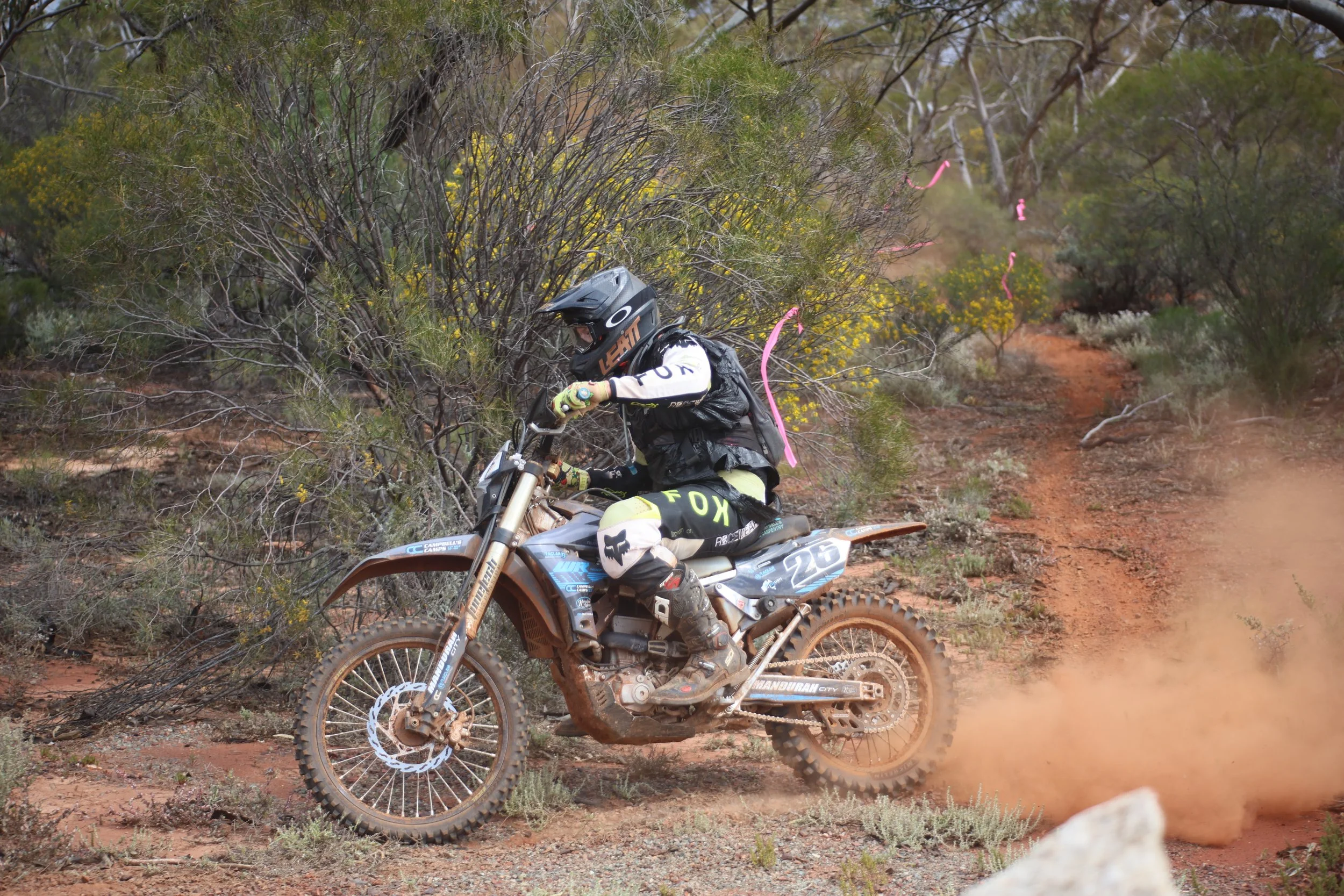A mountain biker riding on a dirt trail in a desert landscape, kicking up dust with bushes and small trees in the background.