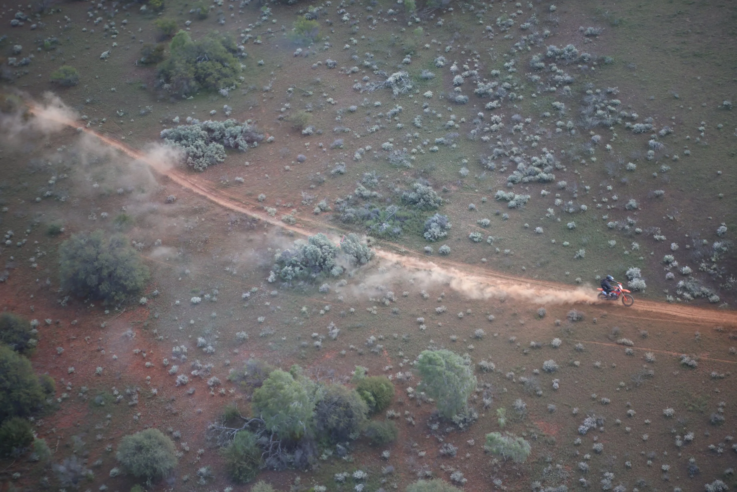 An aerial view of a dirt trail winding through a semi-arid landscape with sparse bushes and small trees, with a person riding a motorcycle along the trail, kicking up dust.