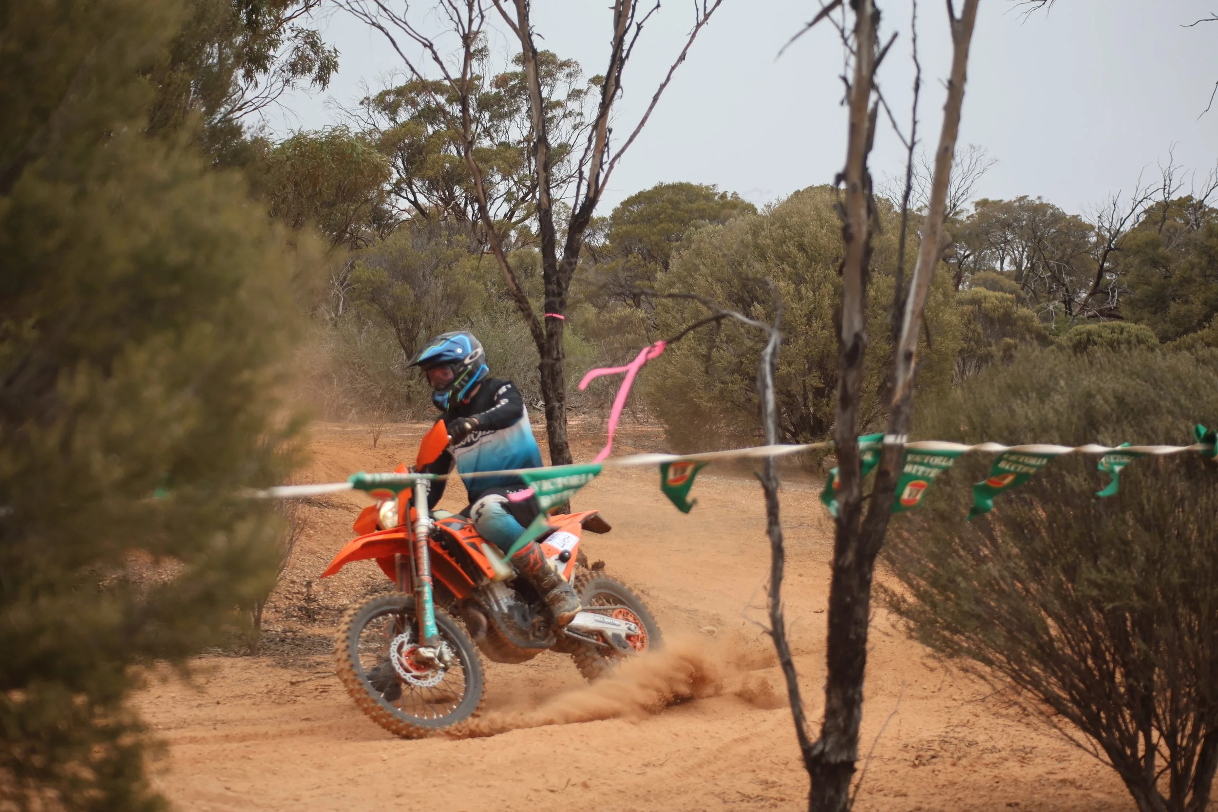A motocross rider wearing a blue helmet and black, blue, and white gear rides an orange dirt bike on a dusty trail amid green shrubs and trees, kicking up dust behind the bike.