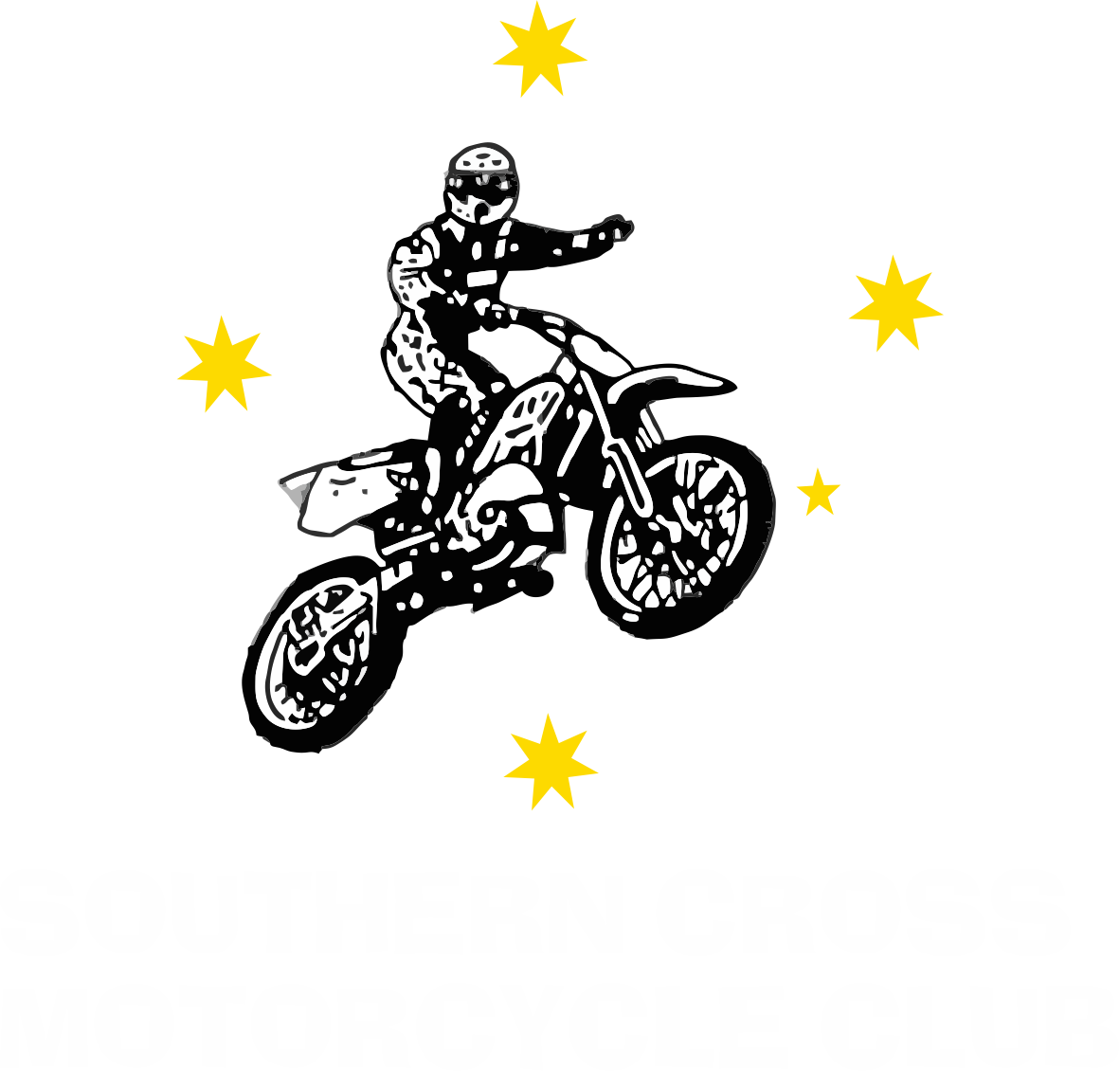 A black and white illustration of a person riding a dirt bike, surrounded by five yellow star icons on a black background. Below, white block text reads 'Southern Cross Motorcycle Club'.