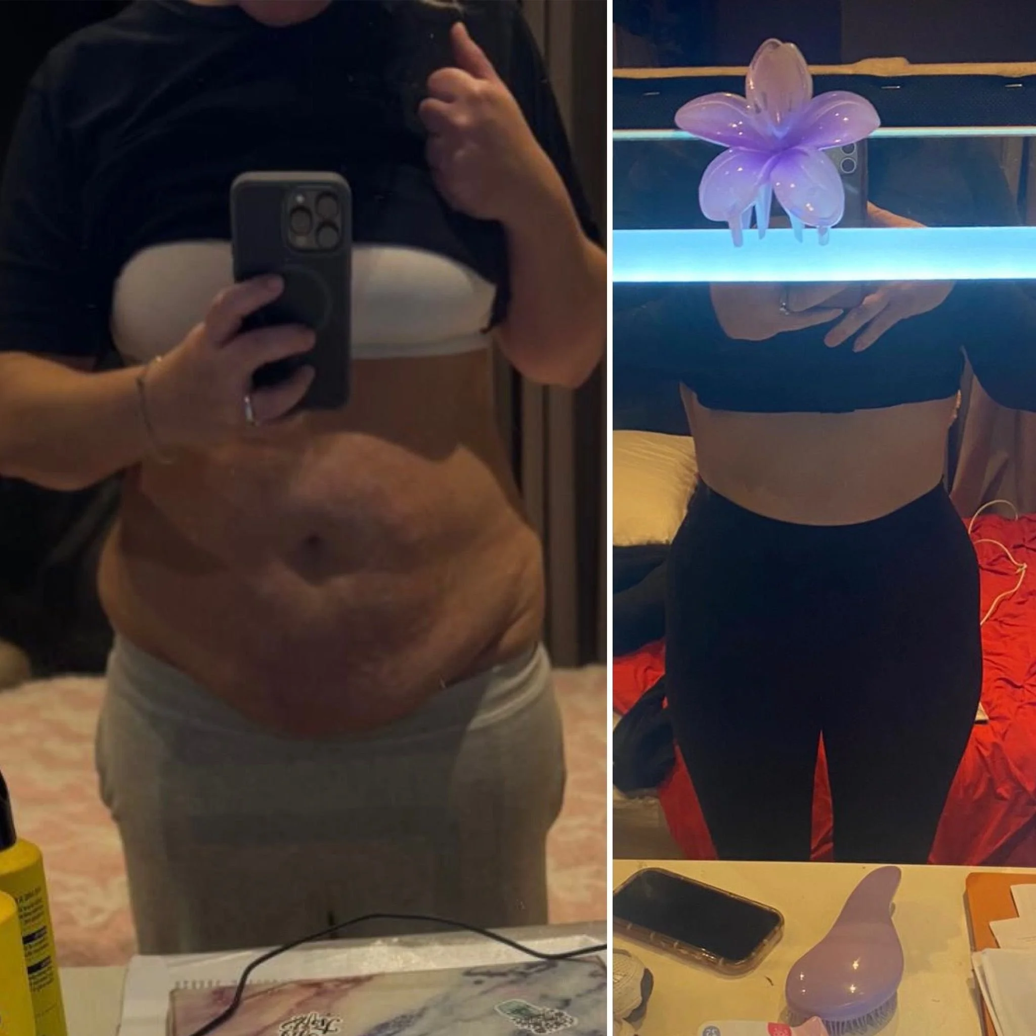 Side-by-side mirror selfies showing a woman before and after weight loss. In the left photo, she is taking a selfie showing her stomach with excess skin, wearing a black shirt and grey sweatpants. In the right photo, she stands with a more toned waistline, wearing a black crop top and black pants, with a purple flower decoration hanging in front of her mirror.