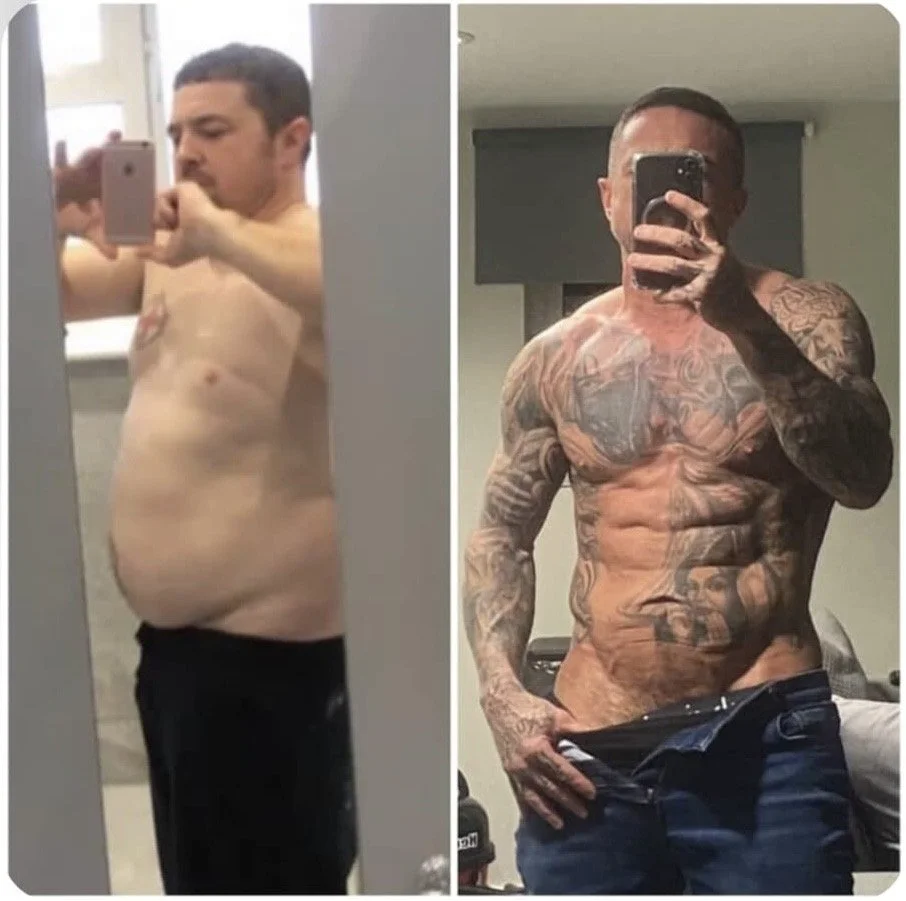 Side-by-side comparison of a man before and after losing weight and gaining tattoos.