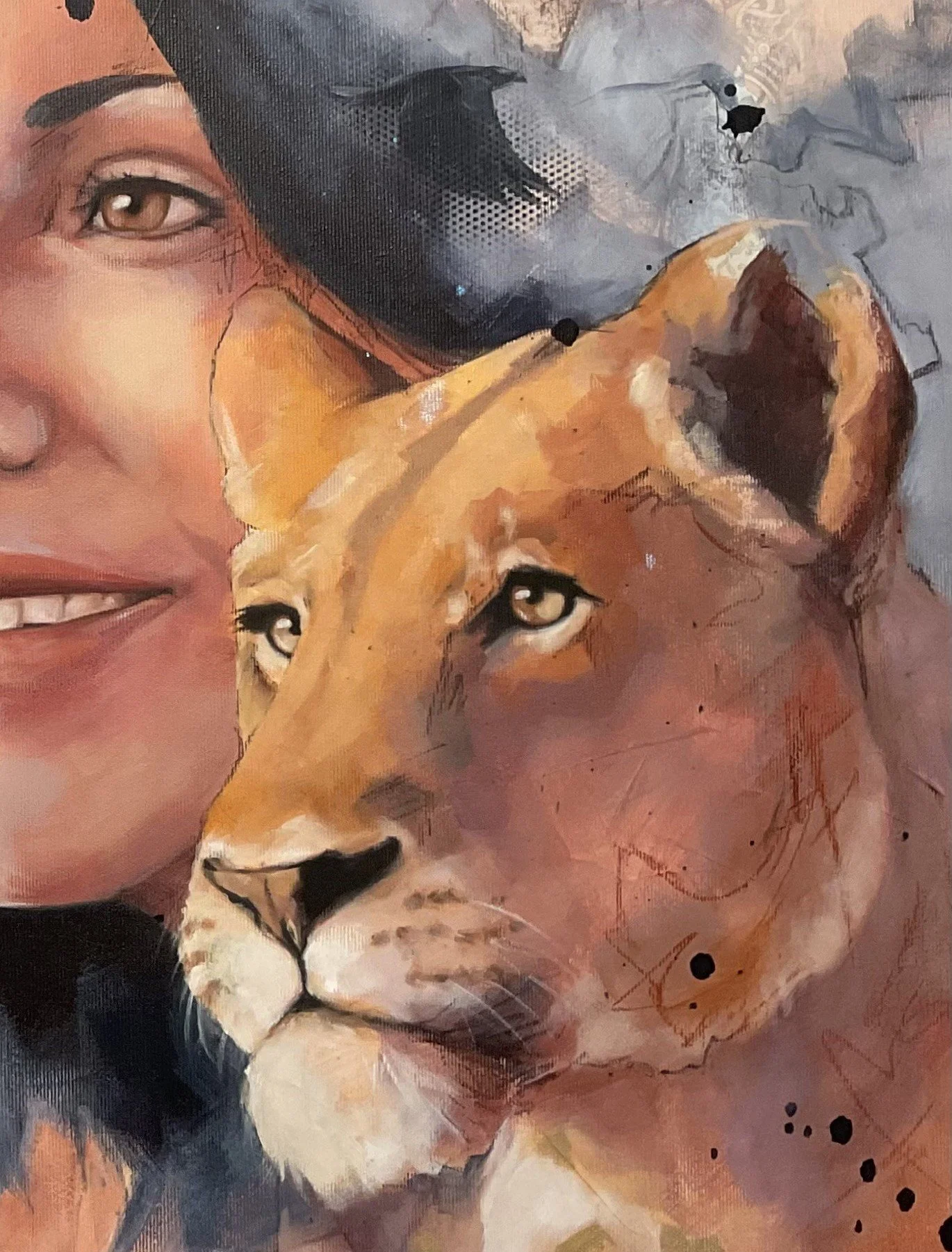 Farbenfrohes Gemälde eines Menschen mit einem Löwen und einem Hund, die eng beieinander stehen.