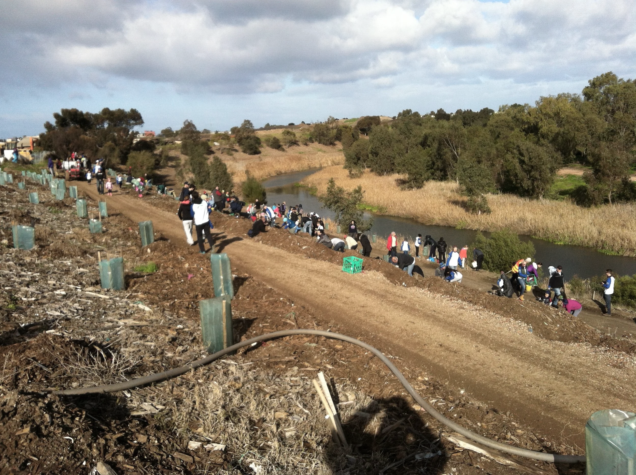 Group of people on a slope near a river, planting or working on the land, under a cloudy sky with trees and fields in the background.