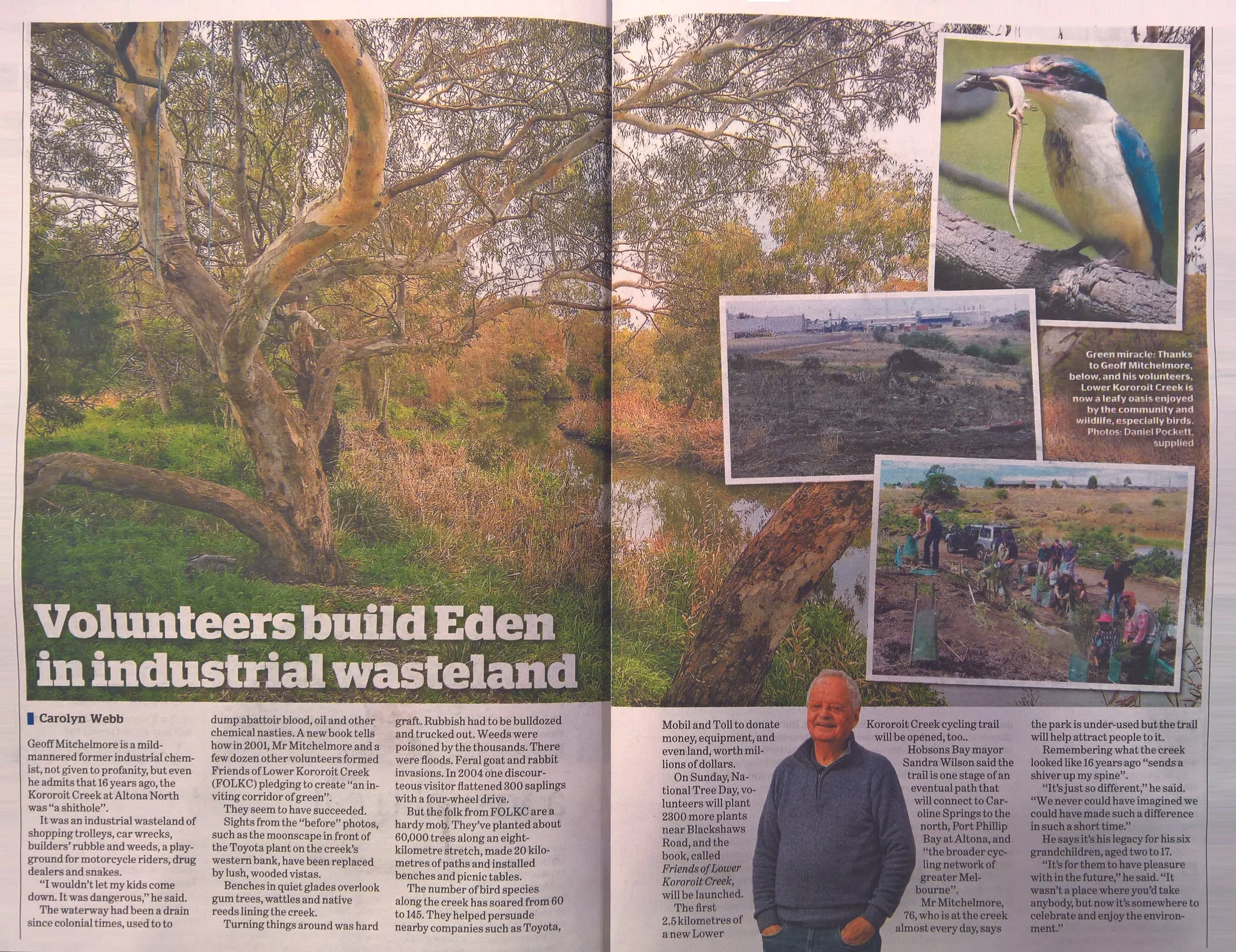 A collage of picturesque nature scenes and people contributing to environmental efforts. The main image features a large tree in a natural setting with grassy areas and water in the background. Smaller images include a bird perched on a branch, a landscape view, and people planting trees or participating in community activities. Text overlays and captions describe environmental projects and local volunteers.