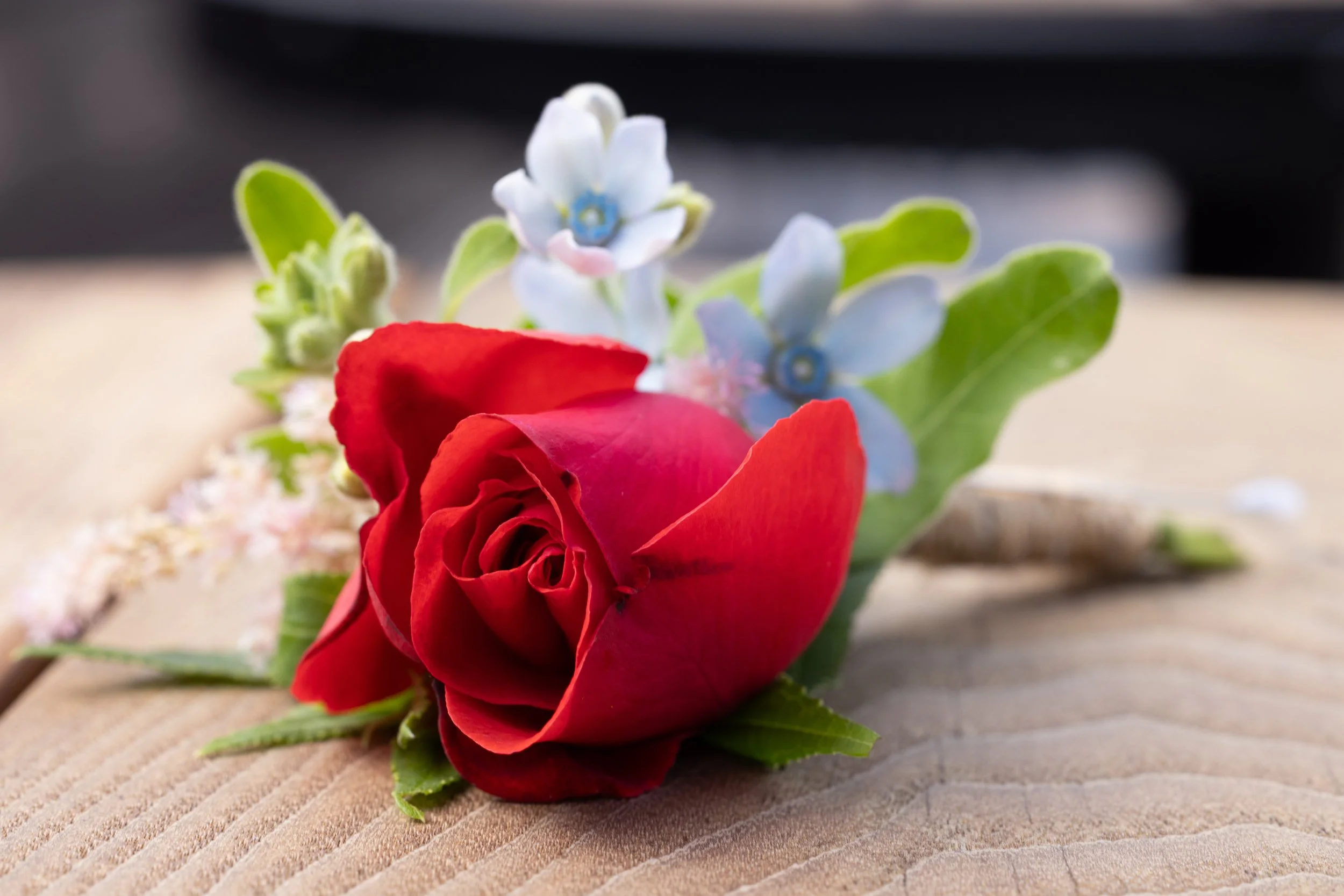 A red rose boutonniere with blue flowers and green leaves on a wooden surface.