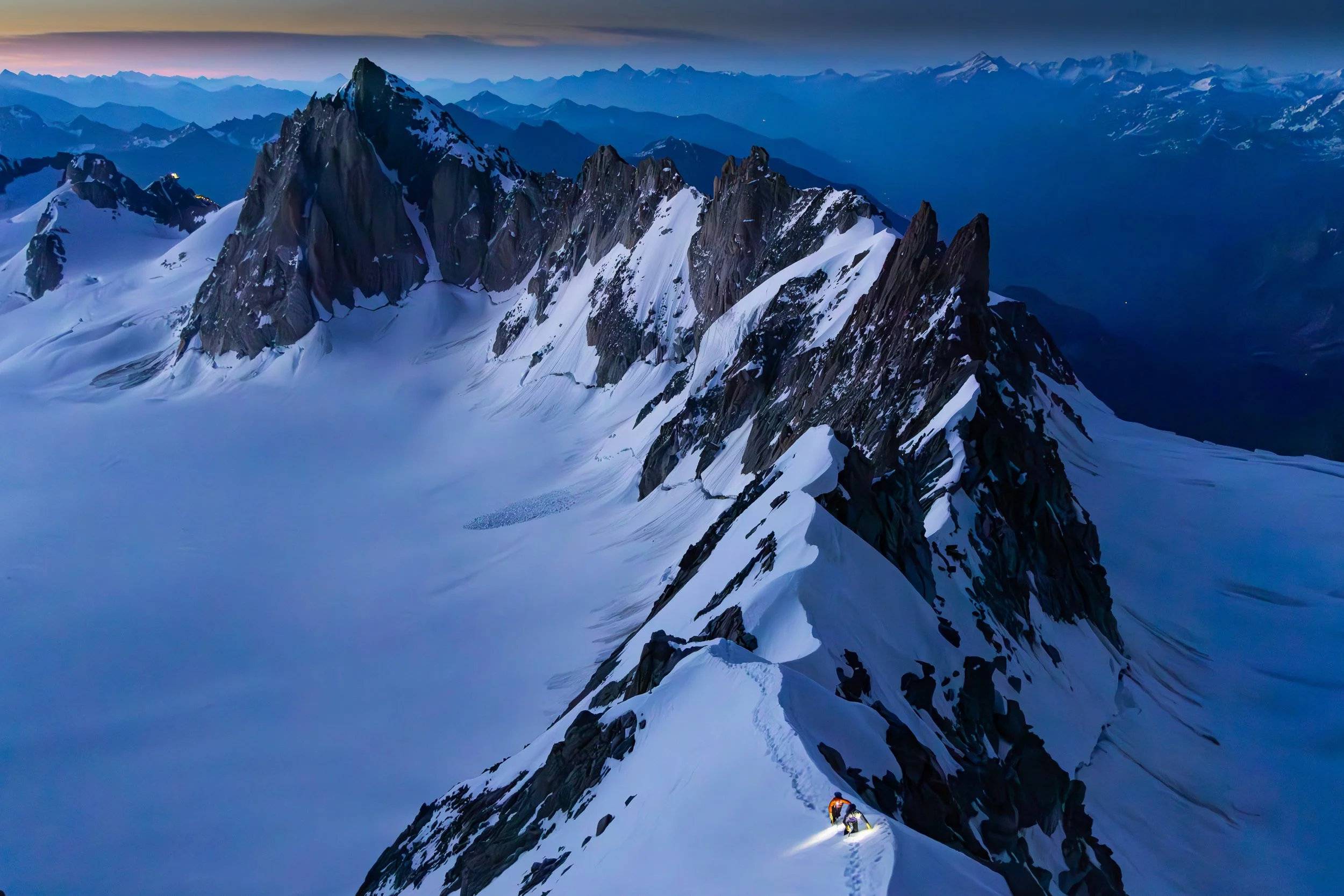 Aerial view of snow-covered mountain peaks with dark rock faces, some illuminated by distant city lights, and a climber ascending a snowy ridge in the foreground.