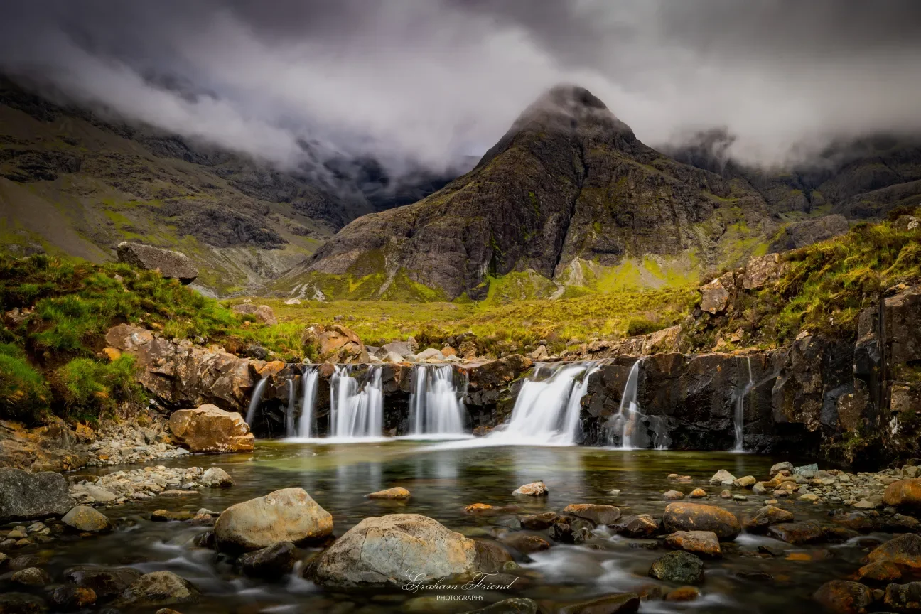 A mountain landscape with a cloudy sky, a small waterfall flowing into a rocky river, and green moss-covered rocks and grass in the foreground.