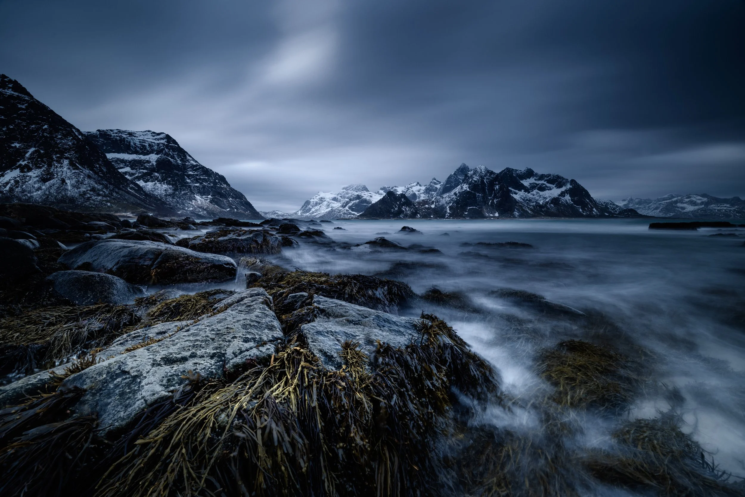 Snow-capped mountains surrounding a calm, misty fjord with rocky shoreline and seaweed in the foreground, under a cloudy, dark sky.