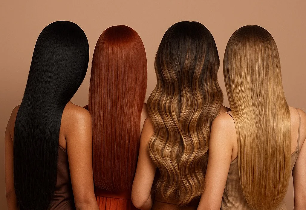 Four women with long, straight, shiny hair in black, red, wavy light brown, and blonde, facing away from the camera against a plain background.