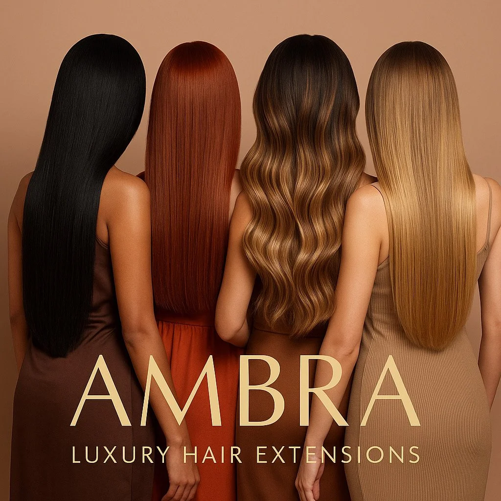 Four women with long, straight, and wavy hair in black, red, light brown, and blonde shades, standing with their backs facing forward, promoting Amber luxury hair extensions.