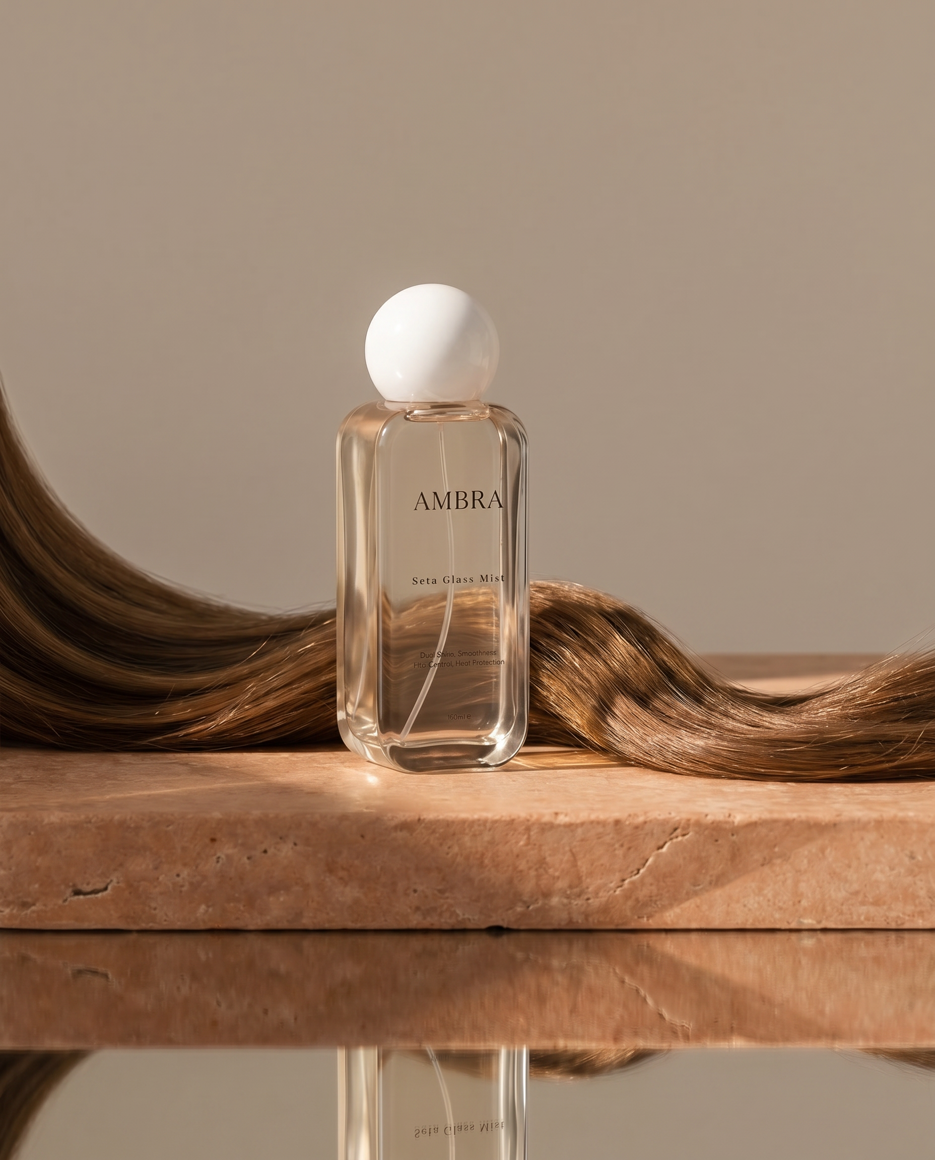 A clear glass spray bottle labeled 'AMBRA' sitting on a wooden surface, with a strand of brown hair in the foreground and a plain beige wall in the background.