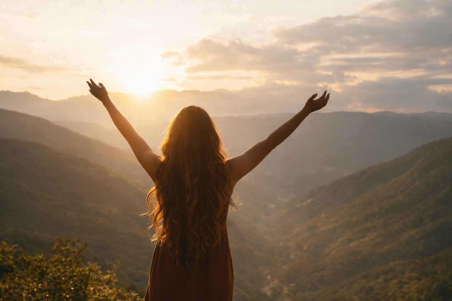 Femme avec cheveux longs et bouclés levant les bras face à un coucher de soleil sur des montagnes.