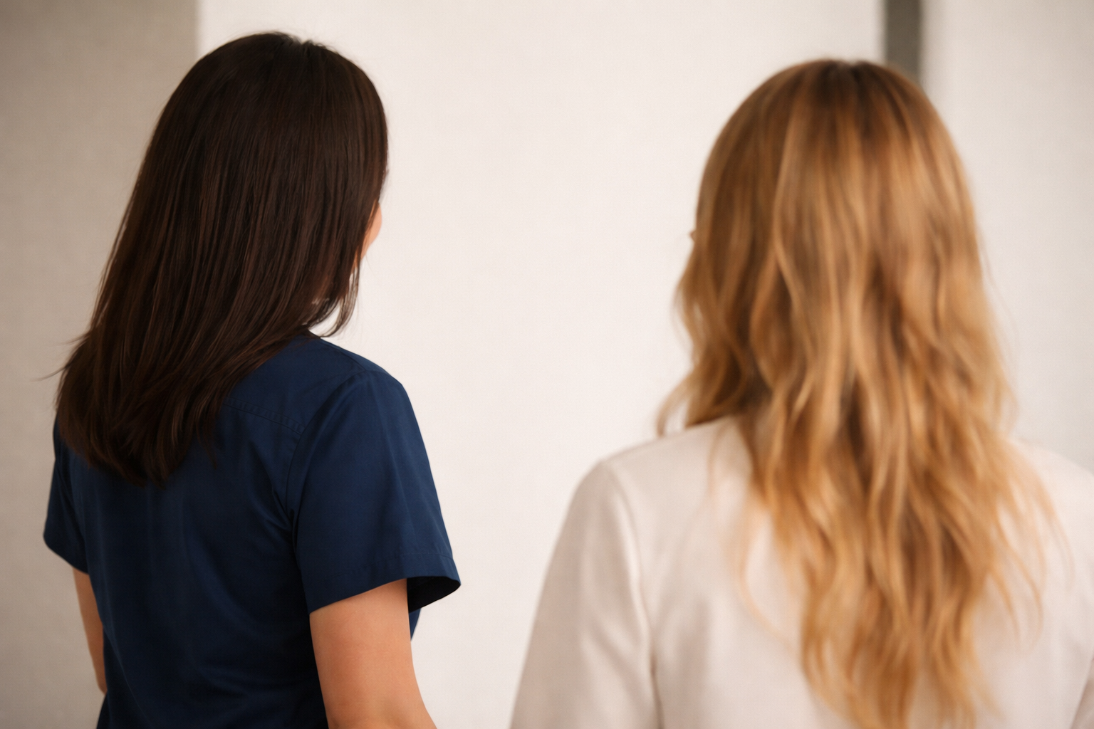 Deux femmes vues de dos, l'une avec des cheveux bruns et l'autre avec des cheveux blonds, se tenant près d'un mur blanc.