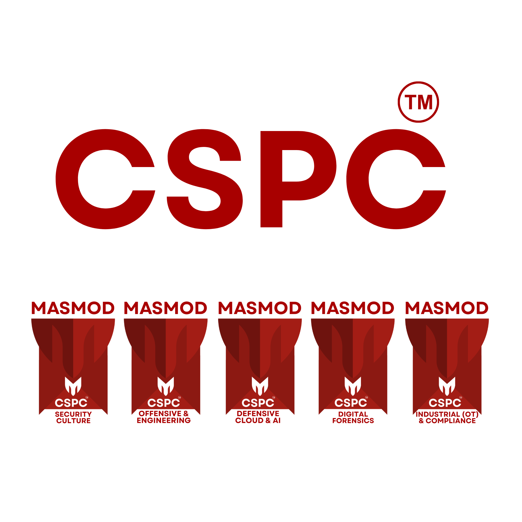 The image shows a collection of 4 red badges with the CSCP (Certified Supply Chain Professional) logo and text. Each badge has a different focus area: Security & Culture, Offensive & Engineering, Defensive Cloud & AI, Digital Forensics, and Industrial (OT) & Compliance. The word 'MASMORM' is repeated multiple times in red at the bottom.