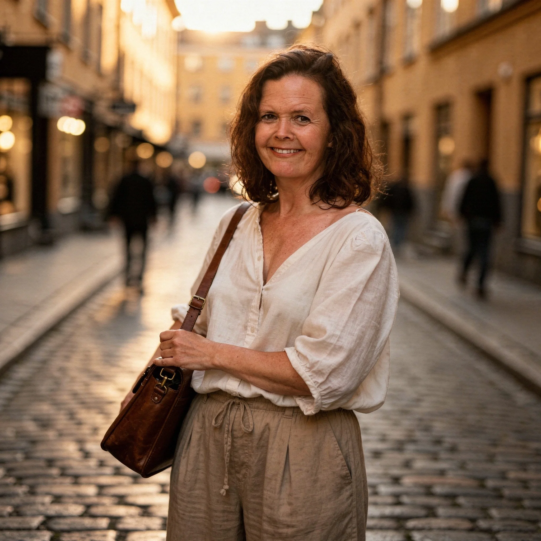 Een vrouw met bruin, golvend haar stand op een straat met stenen trottoir tijdens zonsondergang, omringd door gebouwen en wandelende mensen.