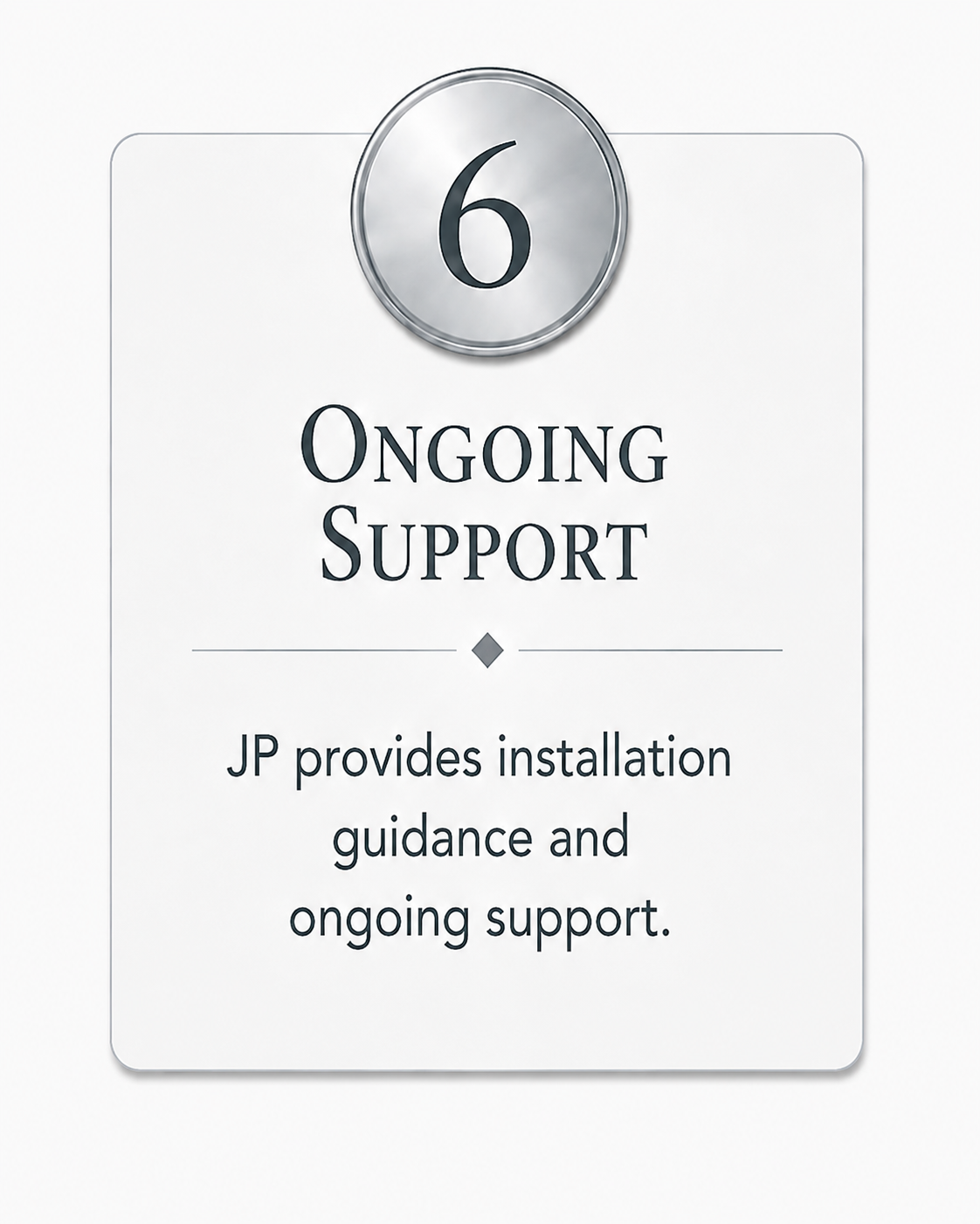 A card indicating ongoing support with the number 6 at the top, stating that JP provides installation guidance and ongoing support.