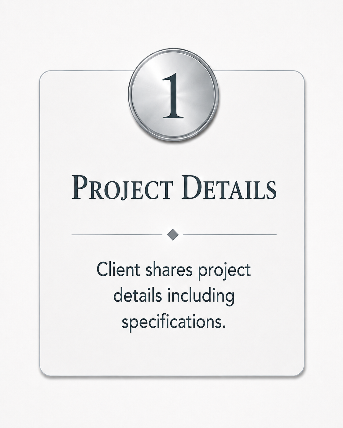 A sign with a silver medallion displaying the number 1, titled "Project Details," indicating a client sharing project specifications.