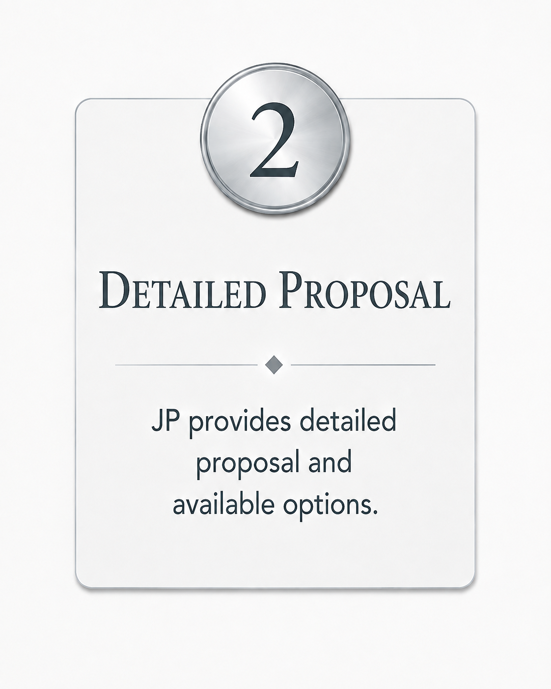 Sign with a silver circle at top displaying the number 2, and text that reads 'Detailed Proposal' with additional information below.