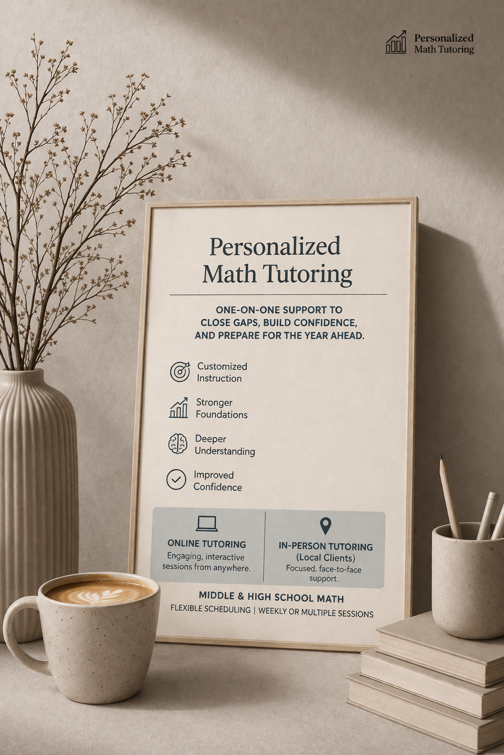 A framed sign advertising personalized math tutoring with online and in-person options, featuring a potted plant, a latte, and stacked books on a beige surface.