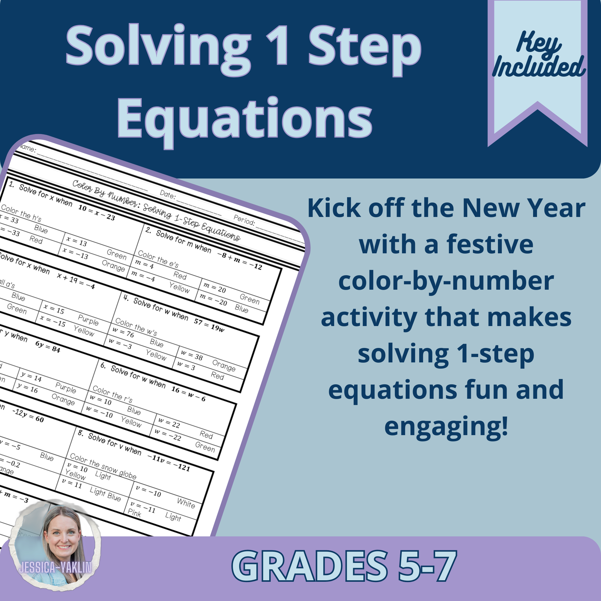 Growth Mindset Color By Number Activity: One-Step Equations with Integers