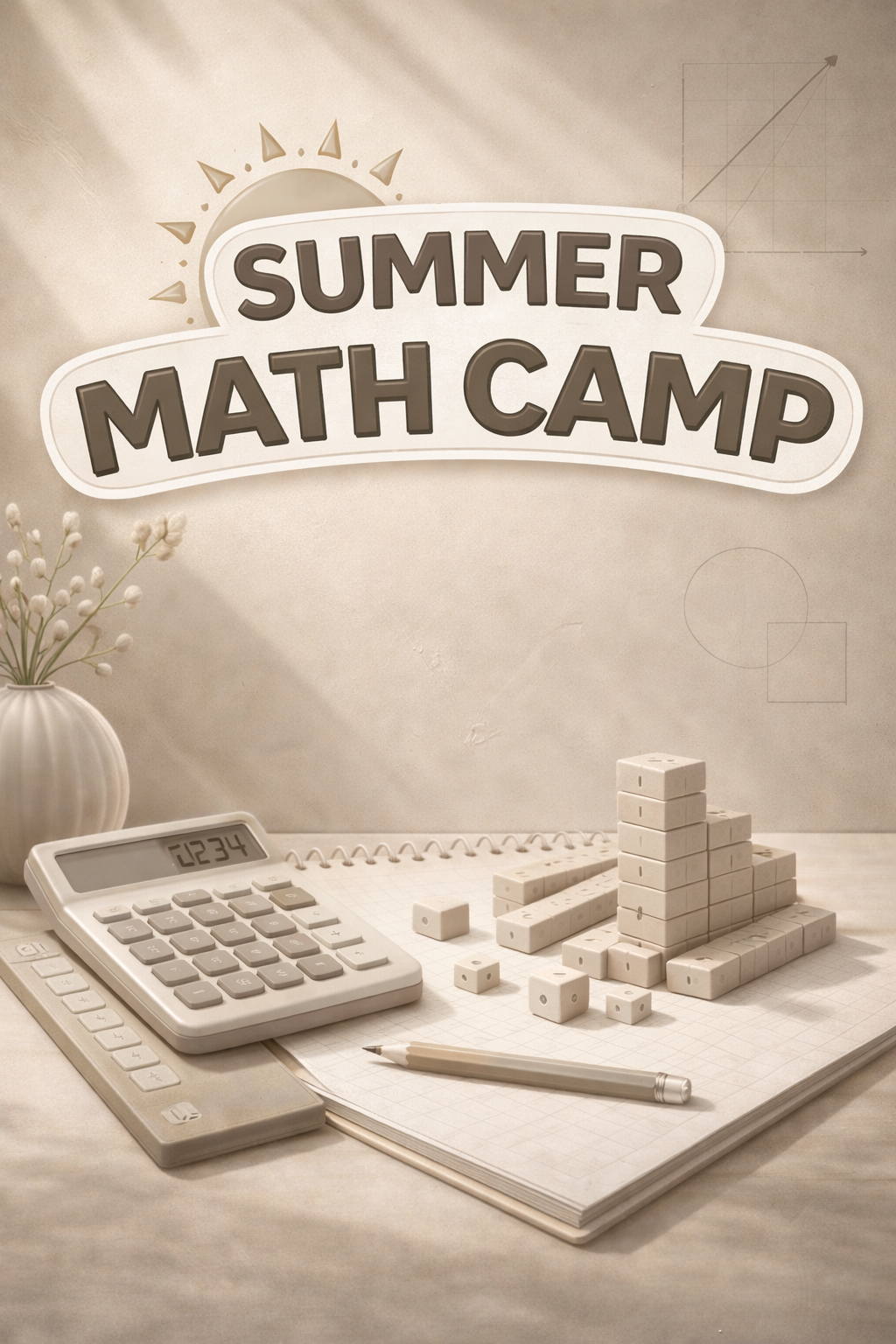 Table with white domino blocks stacked in a pyramid, a calculator displaying 0234, a notepad, pencil, and a vase with white flowers, set against a beige background with the text "Summer Math Camp"