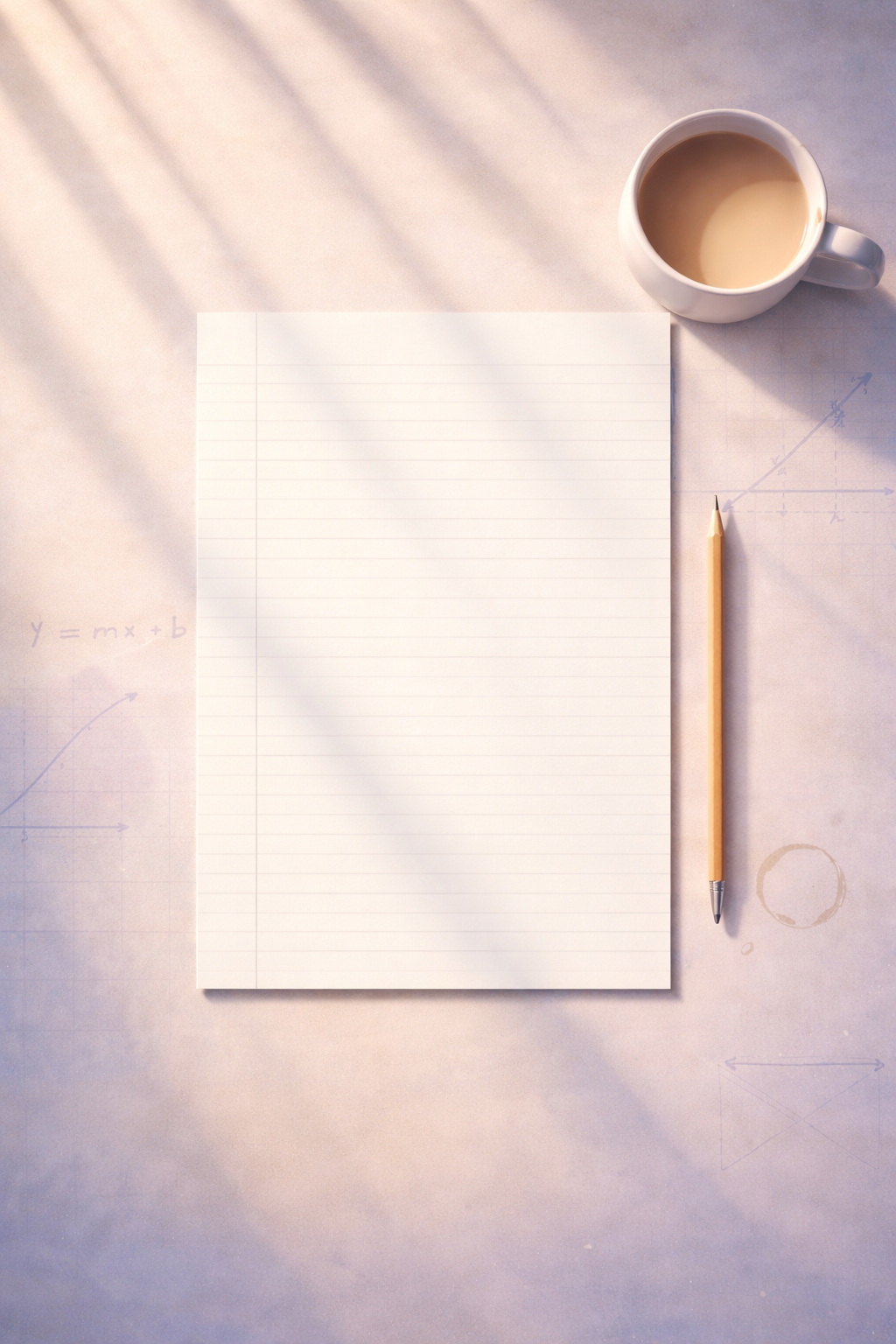 A notebook, a yellow pencil, a white coffee mug filled with coffee, on a surface with mathematical graphs and equations.