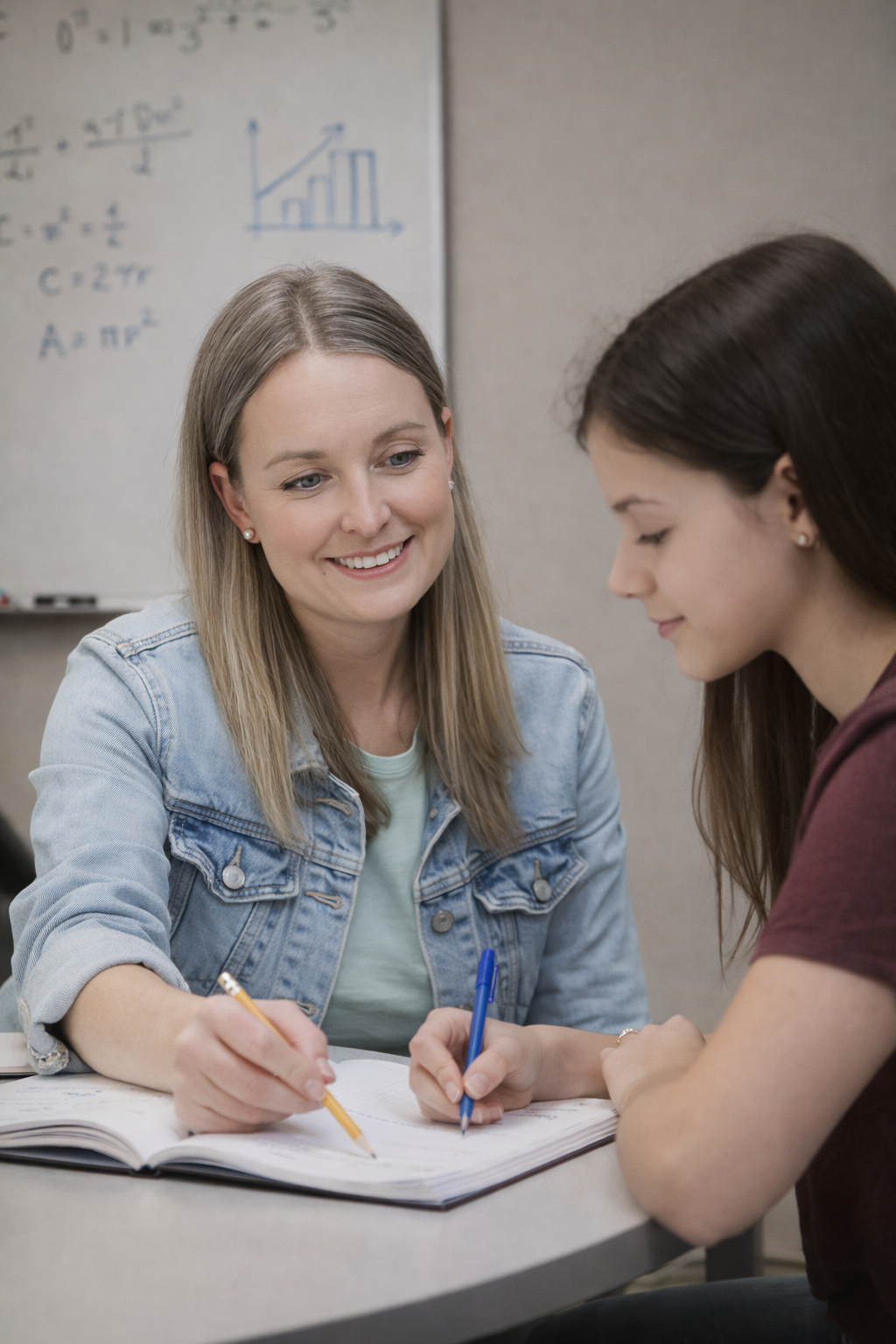 Two women sitting at a table, studying together with notebooks and pens, in a classroom with a whiteboard showing a bar graph and mathematical formulas in the background.