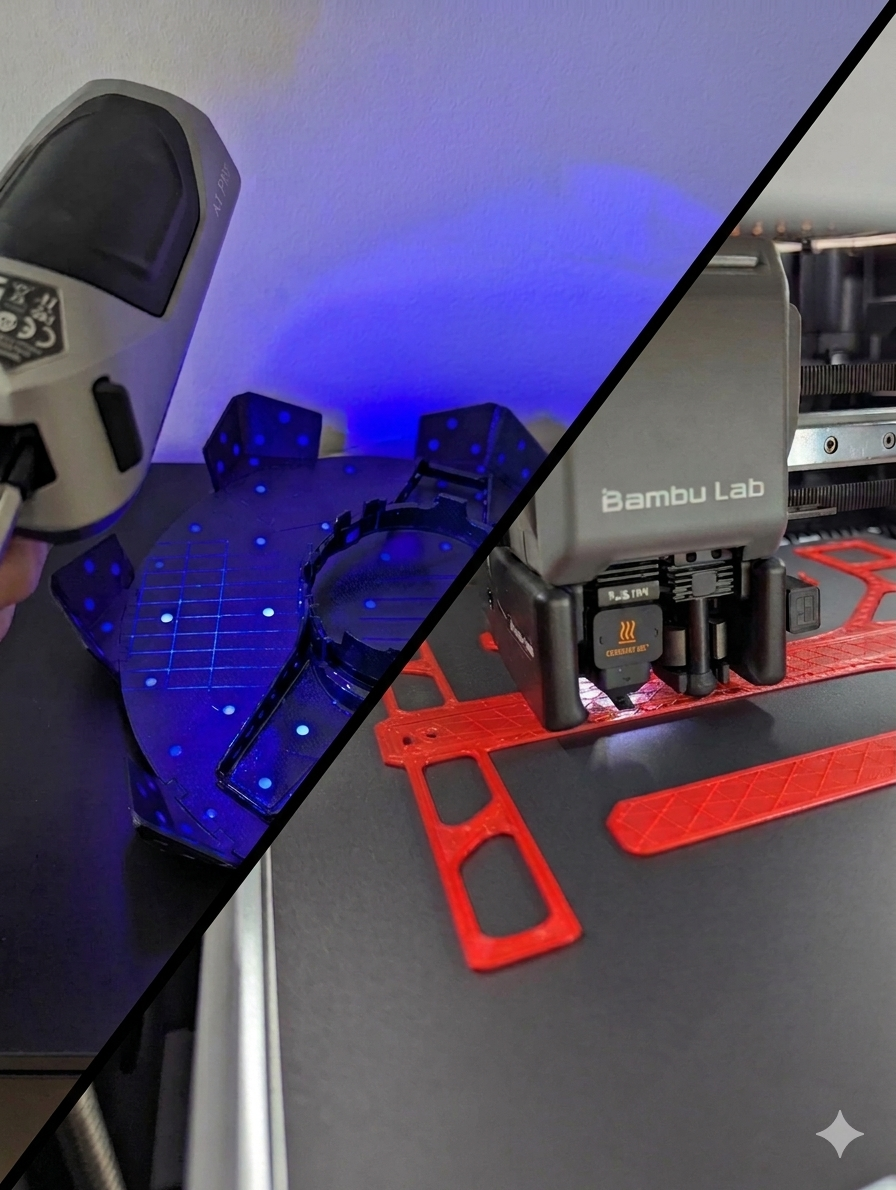 Linke Seite: Person verwendet ein 3D-Laser-Scanngerät, um einen Gegenstand auf einem Tisch zu scannen. Rechte Seite: 3D-Drucker im Einsatz, druckt ein Objekt auf einer schwarzen Oberflache.