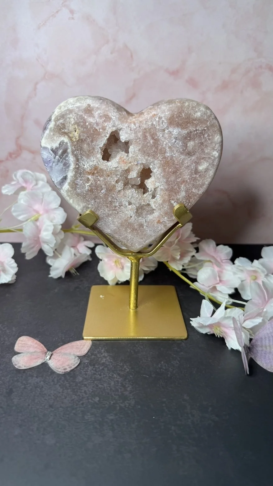 Pink amethyst heart on stand