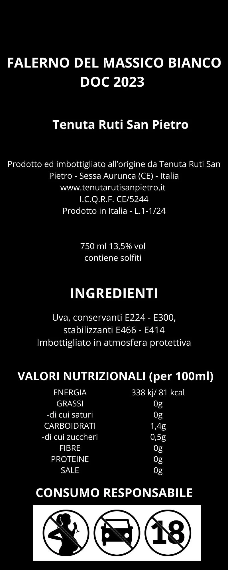 Etichetta di vino bianco di Falerno del Massico DOC 2023, prodotto da Tenuta Ruti San Pietro, con dettagli su ingredienti e valori nutrizionali.