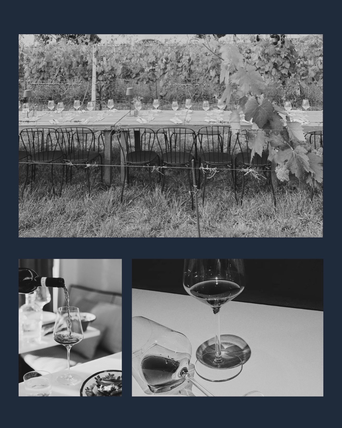Tre immagini, una sola storia.

Un tavolo apparecchiato tra le vigne, il vino che si versa nel calice, i bicchieri che restano vuoti quando il momento &egrave; gi&agrave; diventato altro. &Egrave; il racconto di ci&ograve; che accade quando il vino i