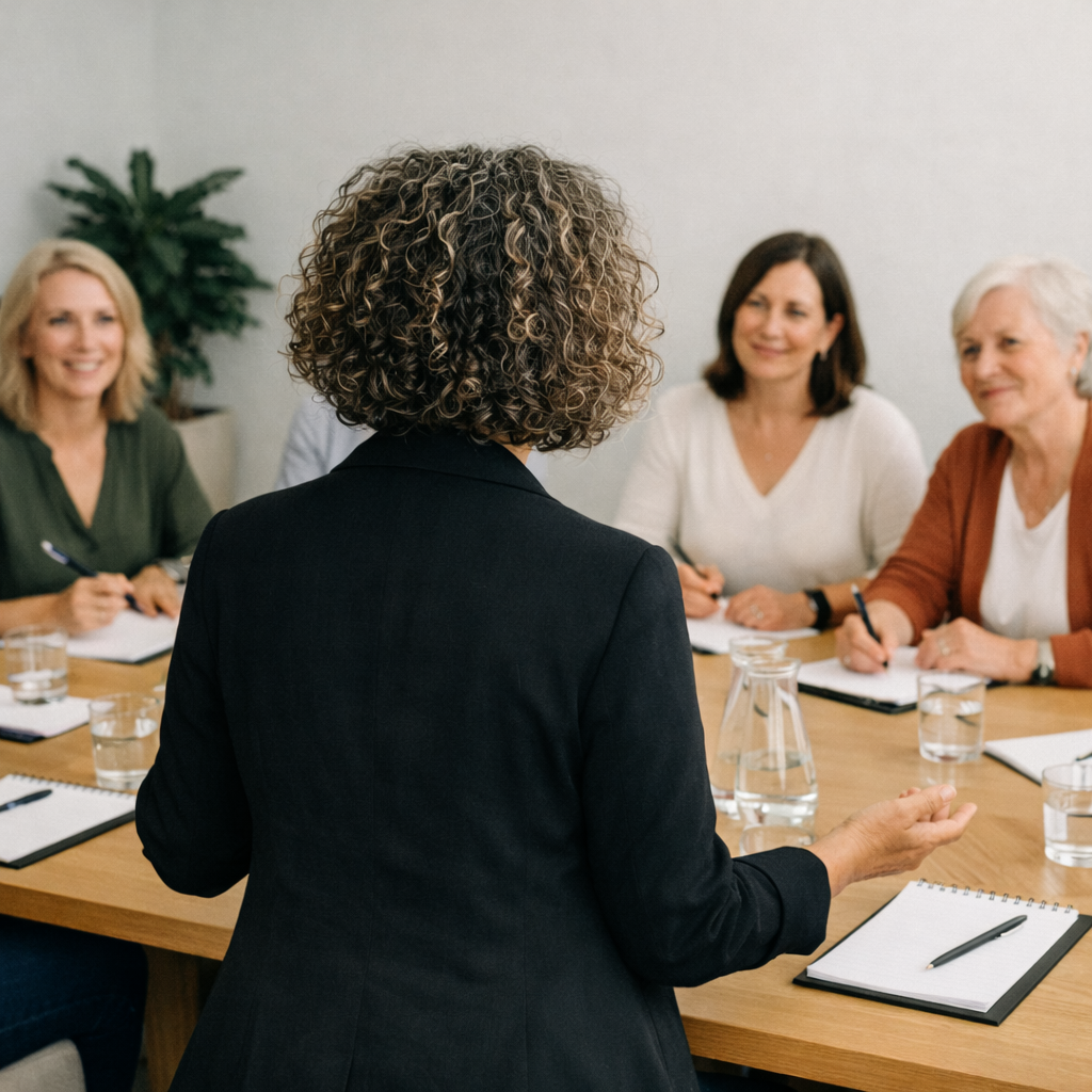 A woman with curly, grey hair, dressed in a black blazer, speaking to a group of women sitting at a table during a meeting or discussion.