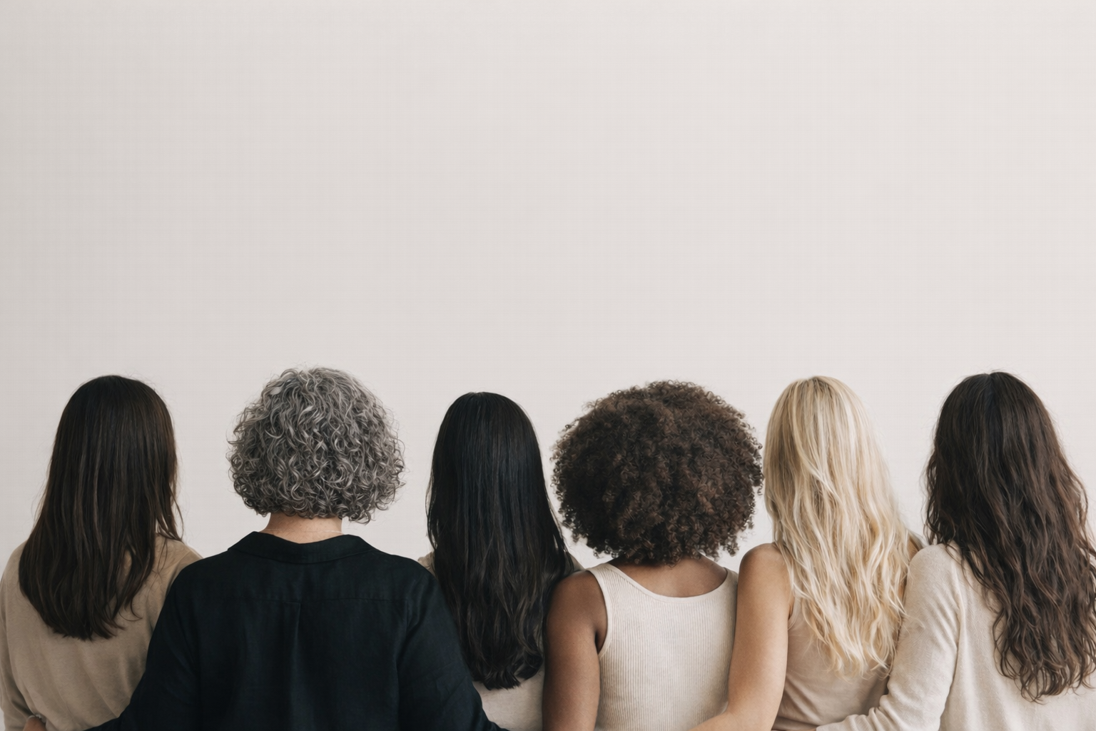Six women with diverse hair styles and colours standing with their backs to the camera against a plain neutral-coloured  wall.