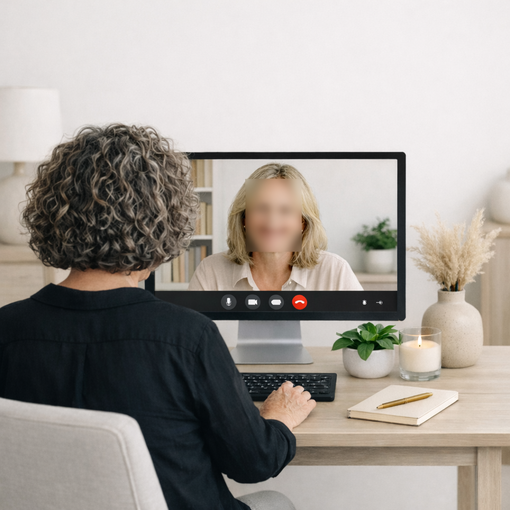 A woman with curly grey hair participating in a video call with another woman with blonde hair on her computer screen. The workspace has a notebook, pen, potted plant, candle, and decorative vase with pampas grass.