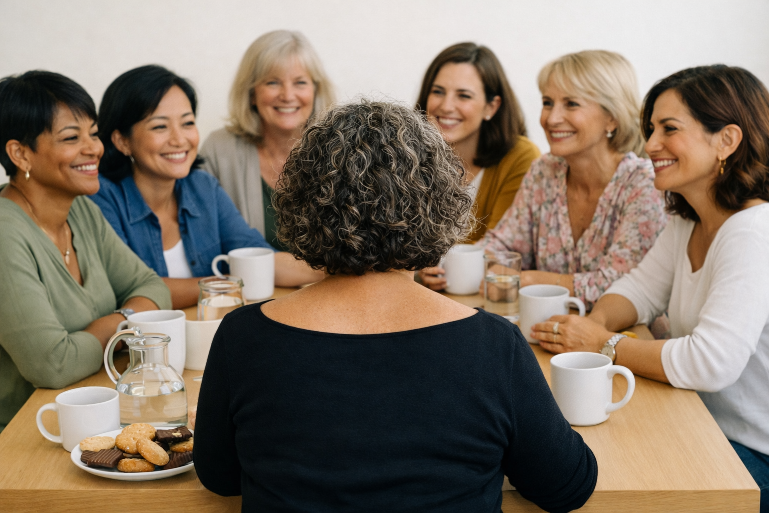 A group of women sitting around a table engaged in conversation, with one woman with curly, grey hair facing away from the camera looking at the women. The table has mugs, a water pitcher, and a plate of biscuits.