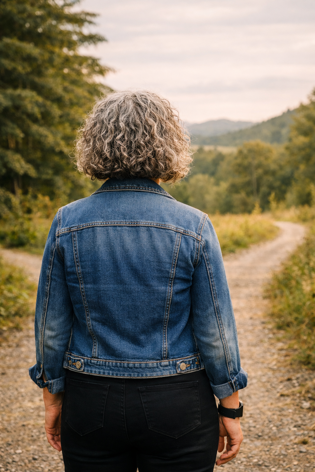A person with curly gray hair wearing a denim jacket and black trousers walking on a dirt trail through a forested area.